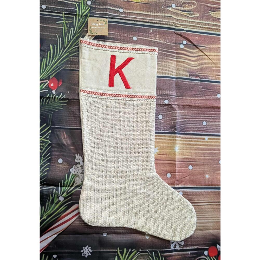 NEW Letter "K" Embroidered Beige Burlap Shimmer Christmas Stocking 20" Holiday